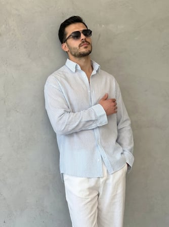 DE'CHARME Erkek İnce Çizgili Gofre Kumaş Rahat Kalıp Gömlek