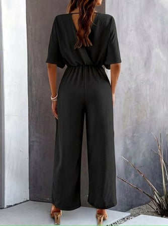 DE'CHARME Kadın Kısa Kollu Kruvaze Yakalı önden Büzgülü Uzun Aerobin Tulum