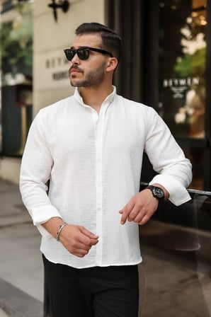 DE'CHARME Erkek Uzun Kollu Beyaz Düğmeli Pera Keten Gömlek