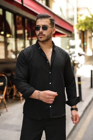 DE'CHARME Erkek Uzun Kollu Beyaz Düğmeli Pera Keten Gömlek