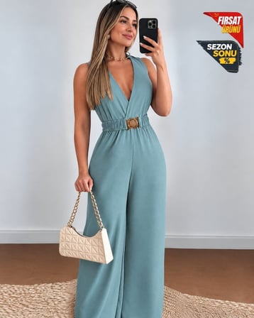 DE'CHARME Kadın Askılı Kruvaze Yakalı Belinde Kemer Detaylı Uzun Ithal Krep Tulum