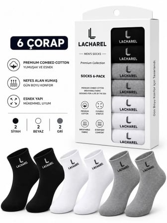 DE'CHARME Erkek 9Lu İç Giyim Seti Pamuklu 3 Boxer 6 Çorap Çoklu Paket - Siyah - Füme - Gri - Beyaz