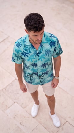DE'CHARME Erkek Palmiye Desenli Yarım Oversize Kısa Kollu Hawai Gömlek