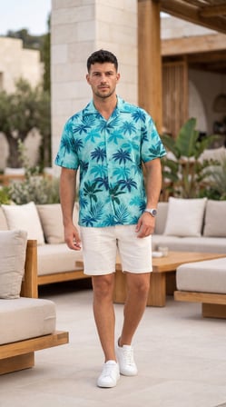 DE'CHARME Erkek Palmiye Desenli Yarım Oversize Kısa Kollu Hawai Gömlek