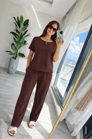 DE'CHARME Kadın Kısa Kollu Bisiklet Yakalı Viskon Iki Iplik Bluz Ve Pantolon Ikili Takım