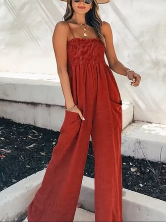 DE'CHARME Kadın Ip Askılı Göğsü Lastik Detaylı Cepli Uzun Sofya Tulum