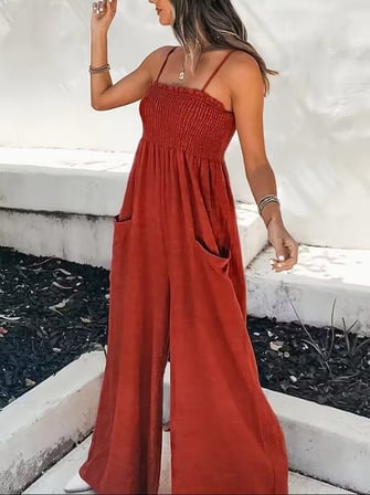 DE'CHARME Kadın Ip Askılı Göğsü Lastik Detaylı Cepli Uzun Sofya Tulum