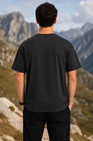 DE'CHARME Erkek Outdoor Pusula Dağ Baskılı Kısa Kollu Oversize T-Shirt - Siyah