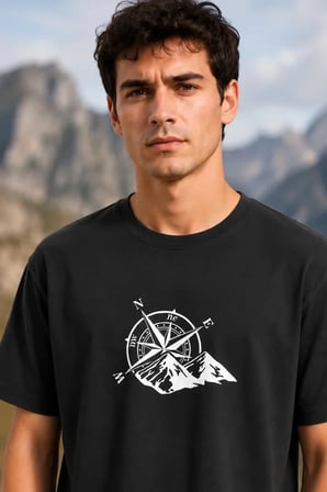 DE'CHARME Erkek Outdoor Pusula Dağ Baskılı Kısa Kollu Oversize T-Shirt - Siyah