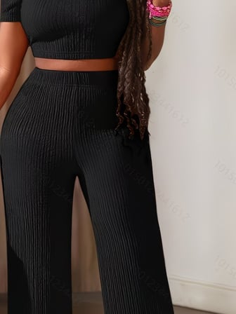 DE'CHARME Kadın Kısa Kollu Bisiklet Yaka Bürümcük Krop Bluz Ve Pantolon Ikili Takım