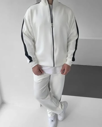 DE'CHARME Erkek Scuba Kumaş Oversize Şerit Detaylı Fermuarlı Alt Üst Eşofman Takımı - Beyaz