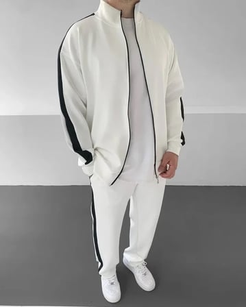 DE'CHARME Erkek Scuba Kumaş Oversize Şerit Detaylı Fermuarlı Alt Üst Eşofman Takımı - Beyaz