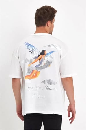 DE'CHARME Erkek Melek Baskılı Oversize T-shirt - Beyaz