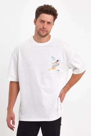 DE'CHARME Erkek Melek Baskılı Oversize T-shirt - Beyaz