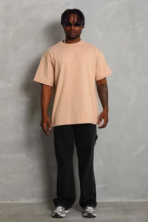 DE'CHARME Unisex Oversize Düz Bisiklet Yaka T-Shirt - Bej