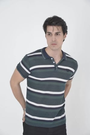 DE'CHARME Erkek Yakalı Slim Fit Dokuma Çizgili T-Shirt - Haki
