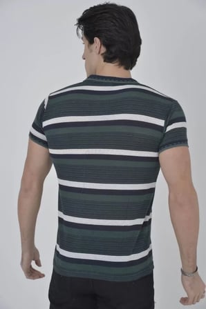 DE'CHARME Erkek Yakalı Slim Fit Dokuma Çizgili T-Shirt - Haki