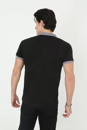 DE'CHARME Erkek Yakalı Slim Fit Baskılı T-Shirt - Siyah