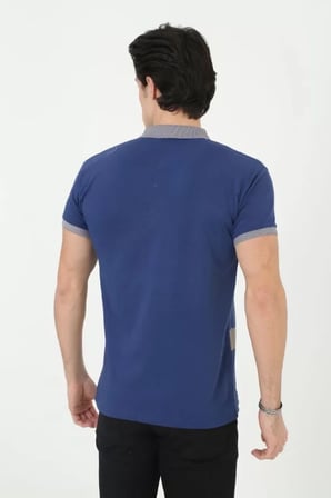 DE'CHARME Erkek Yakalı Slim Fit Baskılı T-Shirt - Mavi