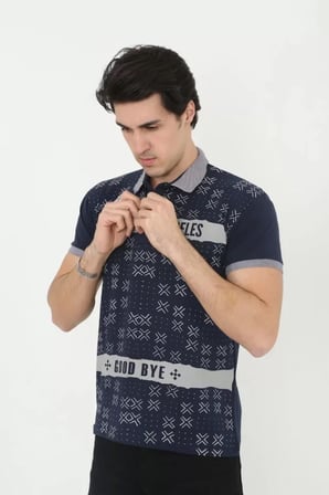 DE'CHARME Erkek Yakalı Slim Fit Baskılı T-Shirt - Lacivert
