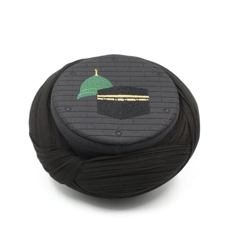 Çocuk Hac Umre Sarığı - Siyah Kumaş - Siyah Takke - Çapraz Sarım - Mekke-Medine - 7 metre