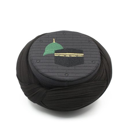 Çocuk Hac Umre Sarığı - Siyah Kumaş - Siyah Takke - Çapraz Sarım - Mekke-Medine - 7 metre