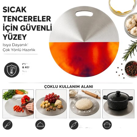Create Handle 304 Paslanmaz Çelik Yuvarlak Kesme Tahtası 32 cm | 2 mm Kalınlık | Kaydırmaz Silikon Ayaklı