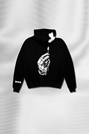 Hoodie Unisex Fire Sırt ve Ön Baskılı Oversize Siyah Kapüşonlu Kalın Sweatshirt