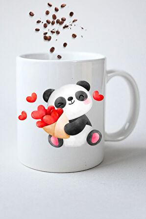 Kalpli Sevimli Panda Baskılı Hediye Kupa Bardak Porselen Çay Kahve Fincanı