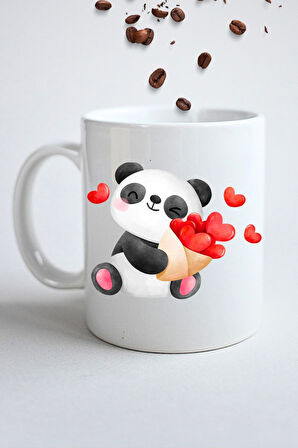 Kalpli Sevimli Panda Baskılı Hediye Kupa Bardak Porselen Çay Kahve Fincanı