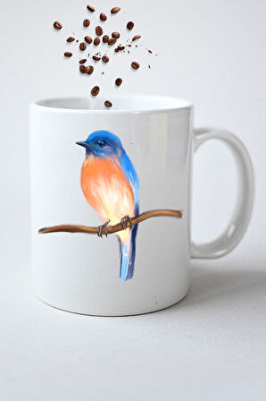 Blue Bird Minik Serçe Baskılı Hediye Kupa Bardak Porselen Çay Kahve Fincanı