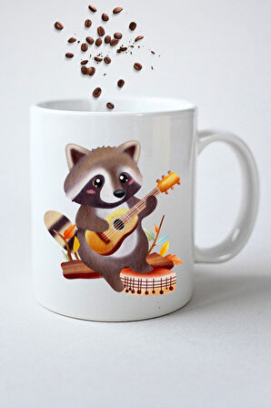 Gitar Çalan Rakun Cute Raccon Baskılı Hediye Kupa Bardak Porselen Çay Kahve Fincanı