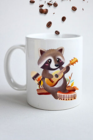Gitar Çalan Rakun Cute Raccon Baskılı Hediye Kupa Bardak Porselen Çay Kahve Fincanı