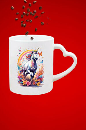 Unikorn Baskılı Hediye Kalp Kupa Bardak Porselen Çay Kahve Fincanı
