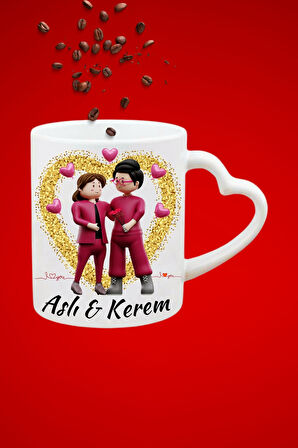 İsimli Kişiye Özel Love You Baskılı Hediye Kalp Kupa Bardak Porselen Çay Kahve Fincanı