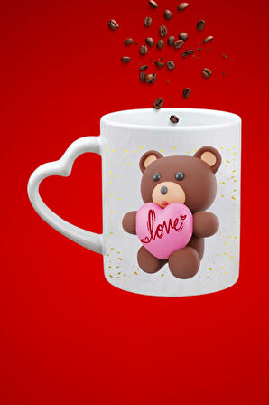 Teddy Bear Love Ayıcık Baskılı Hediye Kalp Kupa Bardak Porselen Çay Kahve Fincanı