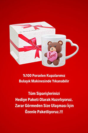 Teddy Bear Love Ayıcık Baskılı Hediye Kalp Kupa Bardak Porselen Çay Kahve Fincanı