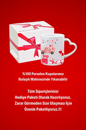 Kalpli Ayıcık Baskılı Hediye Kalp Kupa Bardak Porselen Çay Kahve Fincanı
