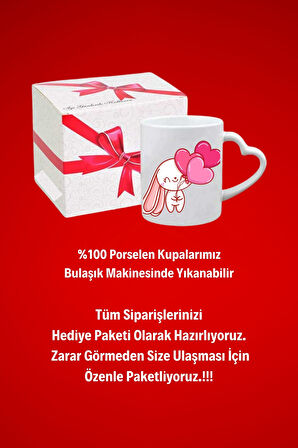Kalpli Sevimli Tavşan Baskılı Hediye Kalp Kupa Bardak Porselen Çay Kahve Fincanı