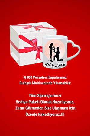 İsimli Kişiye Özel Moonlıght Teklif Baskılı Hediye Kalp Kupa Bardak Porselen Çay Kahve Fincanı