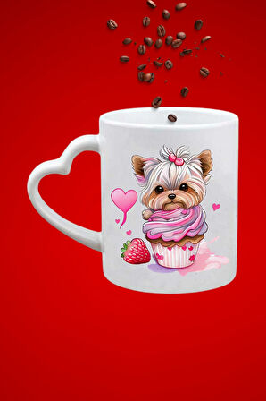 Sevimli Köpek Terrier Baskılı Hediye Kalp Kupa Bardak Porselen Çay Kahve Fincanı