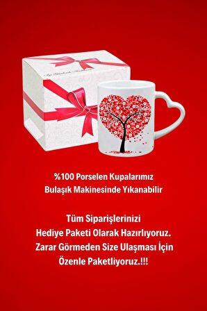Kalpli Hayat Ağacı Baskılı Hediye Kalp Kupa Bardak Porselen Çay Kahve Fincanı