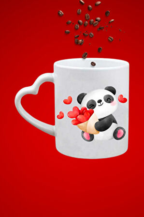 Kalpli Sevimli Panda Baskılı Hediye Kalp Kupa Bardak Porselen Çay Kahve Fincanı