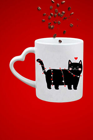 Cute Cat Kedi Baskılı Hediye Kalp Kupa Bardak Porselen Çay Kahve Fincanı
