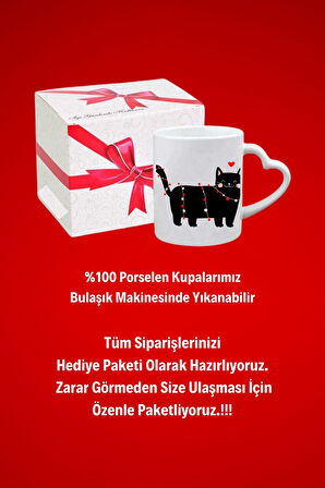 Cute Cat Kedi Baskılı Hediye Kalp Kupa Bardak Porselen Çay Kahve Fincanı