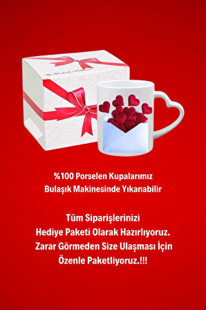 Kalp Mektubu Baskılı Hediye Kalp Kupa Bardak Porselen Çay Kahve Fincanı