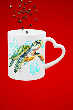 3d Caretta Kaplumbağa Baskılı Hediye Kalp Kupa Bardak Porselen Çay Kahve Fincanı
