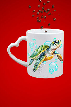 3d Caretta Kaplumbağa Baskılı Hediye Kalp Kupa Bardak Porselen Çay Kahve Fincanı