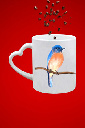 Blue Bird Minik Serçe Baskılı Hediye Kalp Kupa Bardak Porselen Çay Kahve Fincanı