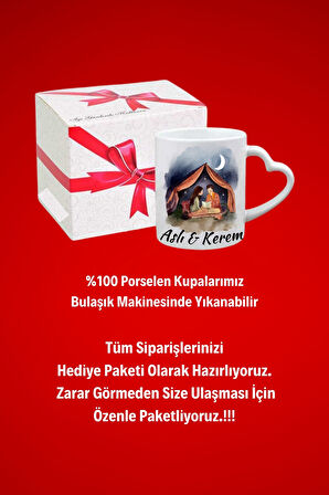 İsimli Kişiye Özel Kamp Gecesi Aşk Baskılı Hediye Kalp Kupa Bardak Porselen Çay Kahve Fincanı